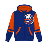 A royal blue and orange full-zip hoodie featuring the New York Islanders logo on the chest, with a blue hood lining and orange interior.