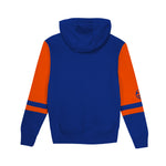 A royal blue and orange hooded sweatshirt shown from the back, featuring solid orange sleeves with blue stripes and a small circular logo on the left sleeve.