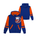 A royal blue and orange full-zip hoodie featuring the New York Islanders logo on the front chest, shown in both front and back views against a plain white background.