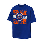 A royal blue short-sleeve t-shirt featuring the New York Islanders logo and 'NEW YORK ISLANDERS' text in orange and white, displayed on a clean white background.