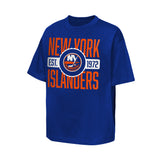 A royal blue short-sleeve t-shirt featuring the New York Islanders logo and 'NEW YORK ISLANDERS' text in orange and white, displayed on a clean white background.