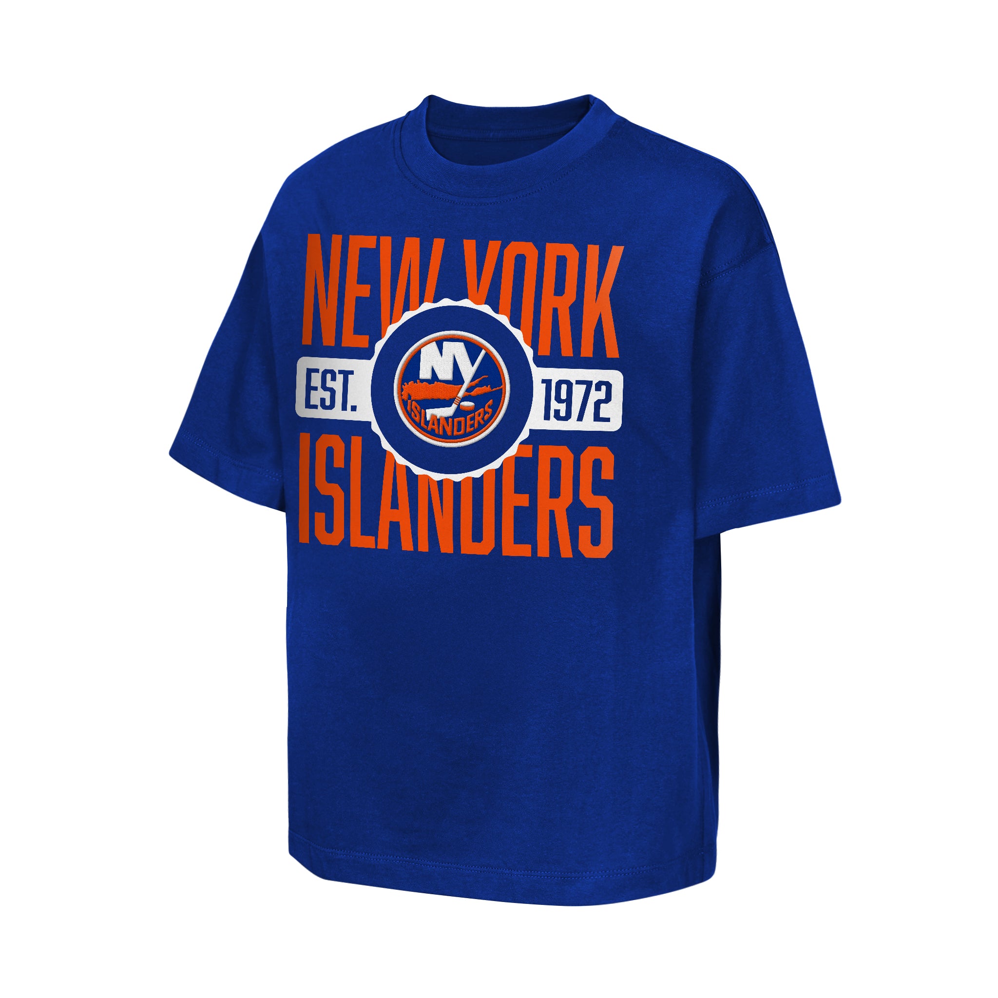 A royal blue short-sleeve t-shirt featuring the New York Islanders logo and 'NEW YORK ISLANDERS' text in orange and white, displayed on a clean white background.