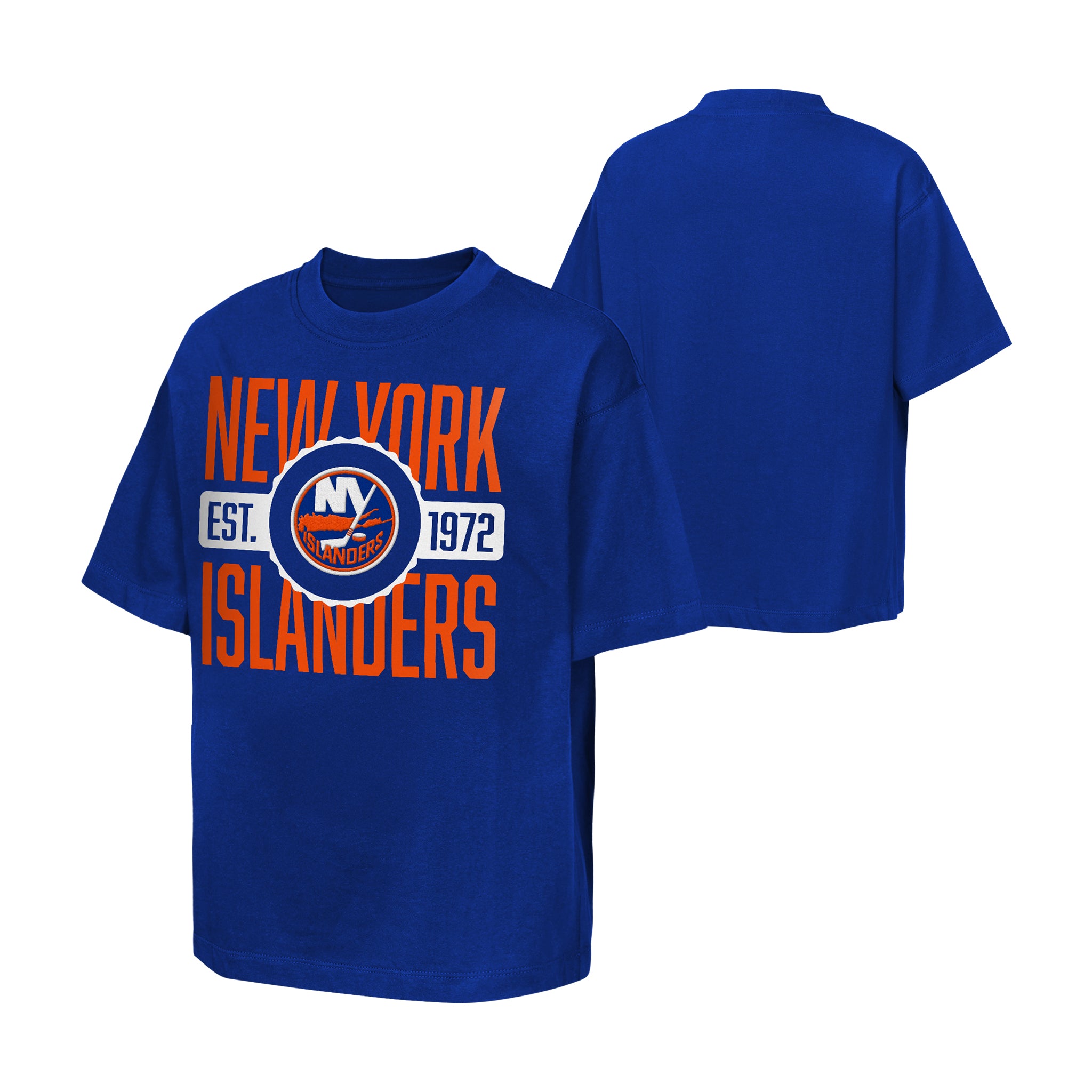 A royal blue short-sleeve t-shirt shown from both front and back views. The front features a graphic with 'NEW YORK ISLANDERS' in orange text, 'EST. 1972