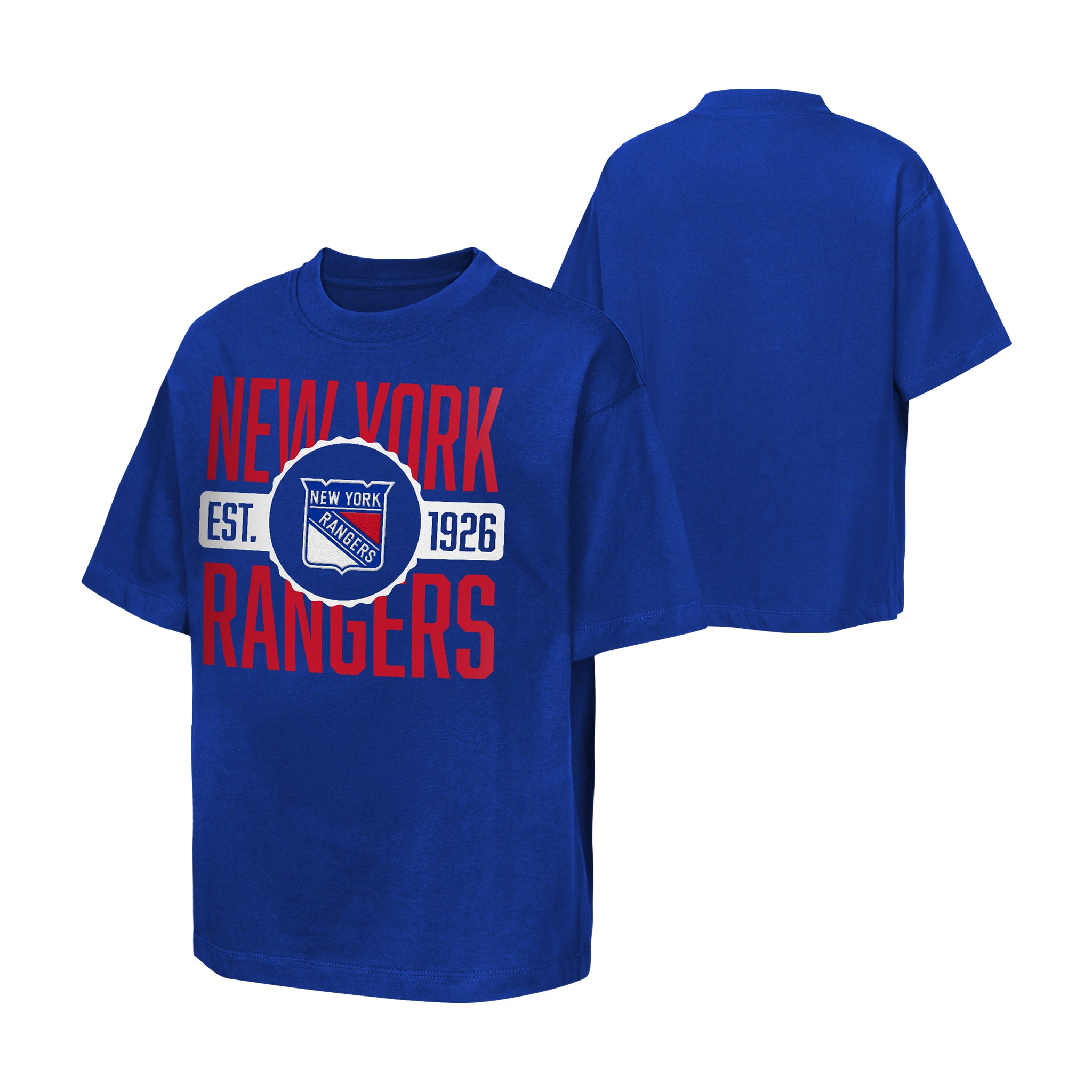 A royal blue short-sleeve t-shirt shown from both front and back views. The front features a red 'NEW YORK RANGERS' graphic with a white and blue circular New York Rangers logo in the center and 'EST. 1926