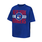 A royal blue short-sleeve t-shirt featuring a red and white New York Rangers graphic on the front, displayed against a solid white background.