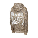 A long-sleeve hoodie with a brown and beige tree-branch camouflage pattern, featuring 'NEW YORK ISLANDERS HOCKEY' printed in a distressed white font on the back.
