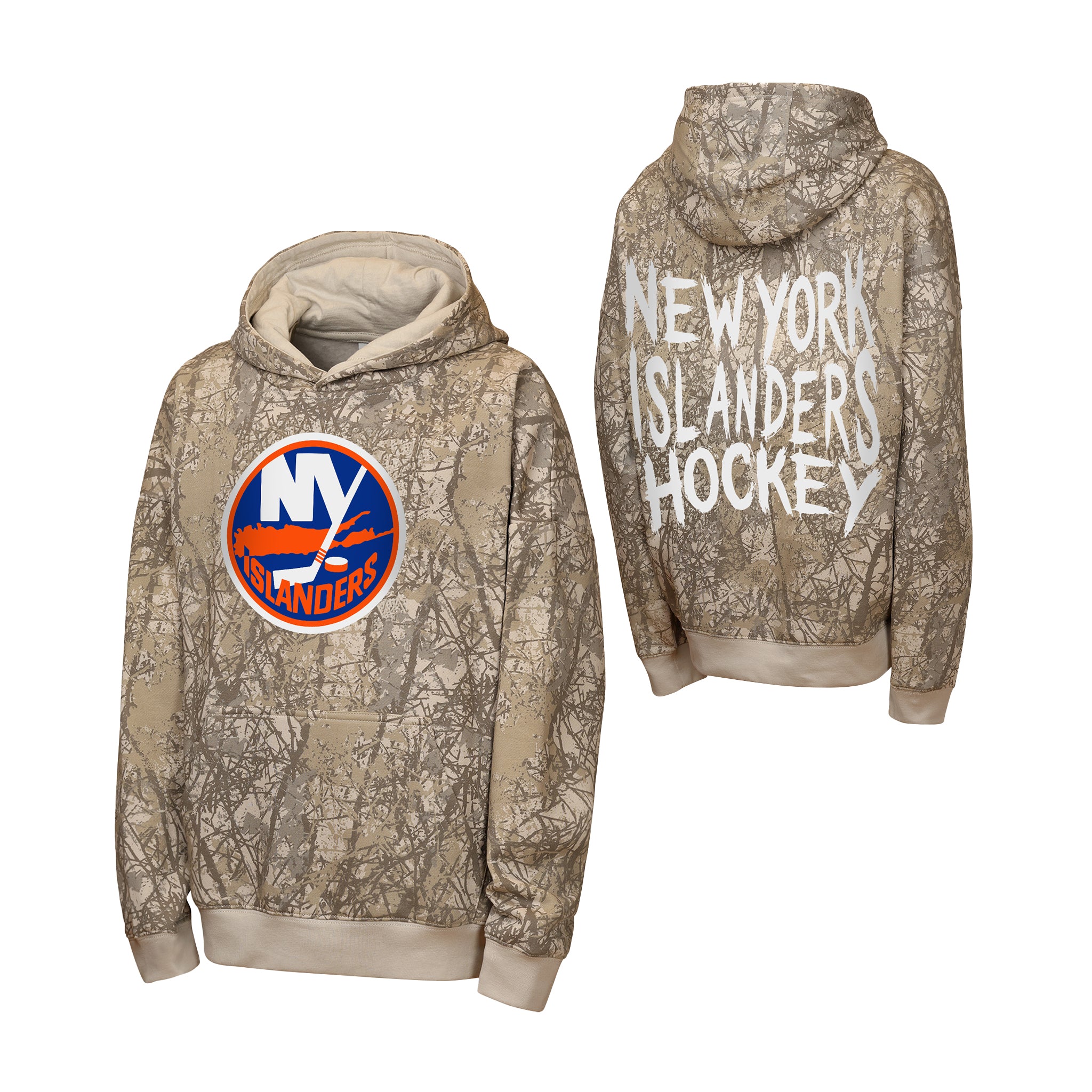 Front and back views of a New York Islanders themed camouflage hoodie. The hoodie features a brown and beige tree-branch camouflage pattern, beige ribbed cuffs and hem, and the New York Islanders logo on the front chest.
