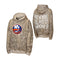 Front and back views of a New York Islanders themed camouflage hoodie. The hoodie features a brown and beige tree-branch camouflage pattern, beige ribbed cuffs and hem, and the New York Islanders logo on the front chest.