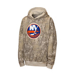 A camouflage pullover hoodie featuring the New York Islanders logo on the chest, displayed against a solid white background.
