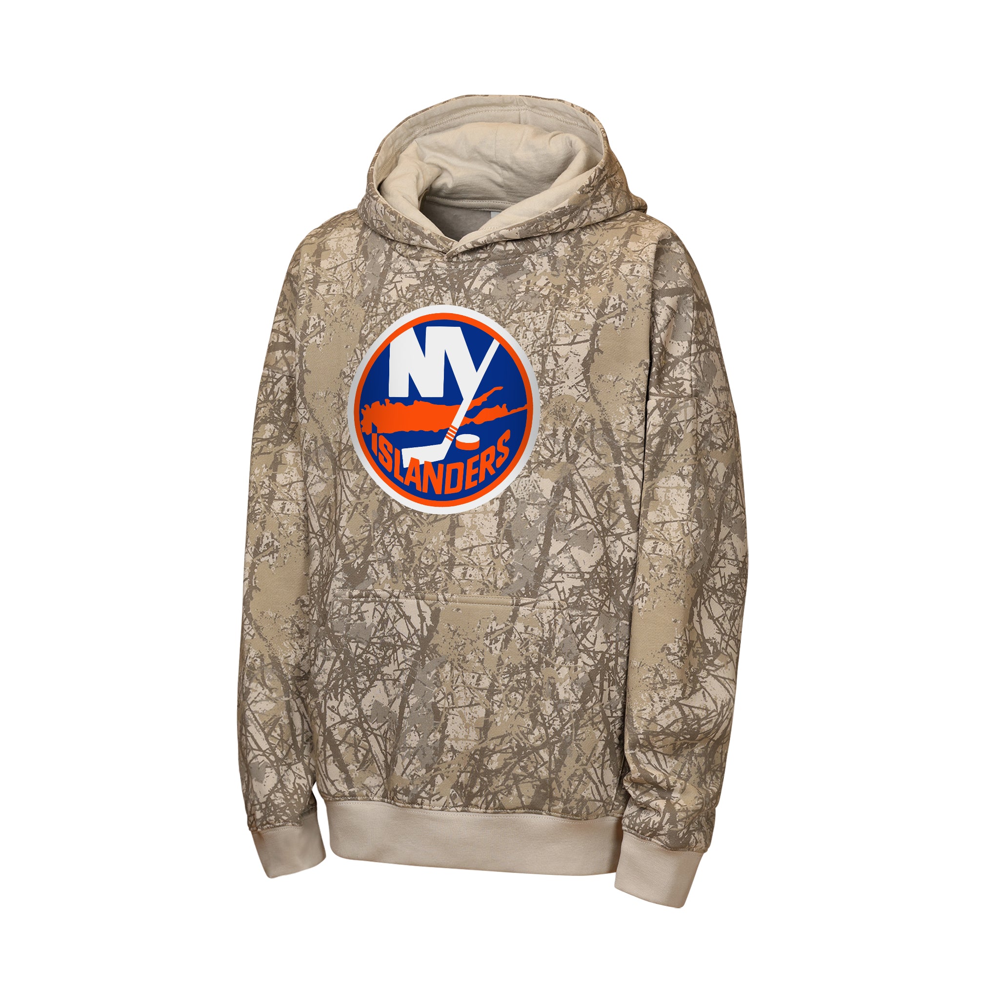 A camouflage pullover hoodie featuring the New York Islanders logo on the chest, displayed against a solid white background.
