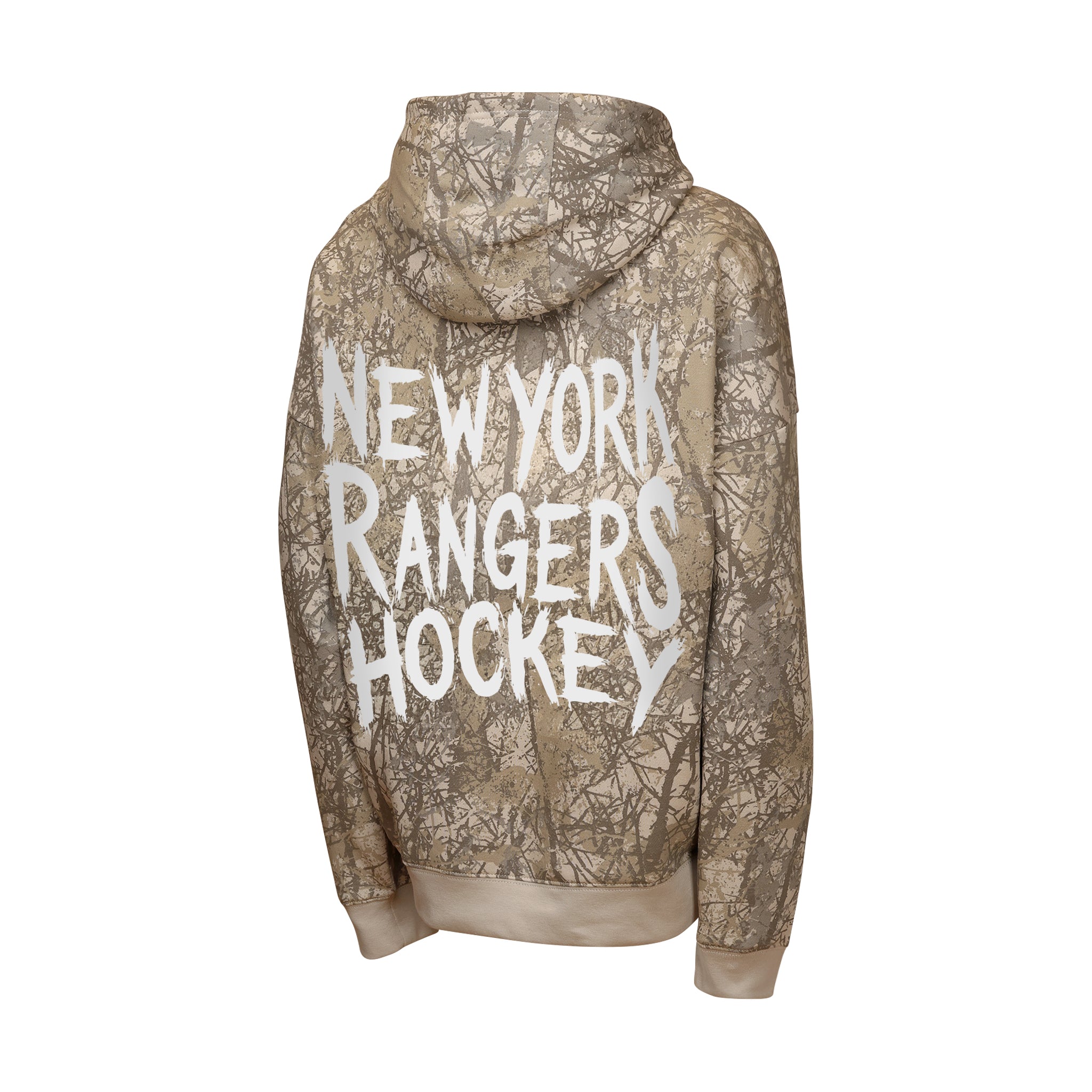 A long-sleeve hoodie shown from the back, featuring a brown and beige tree-branch camouflage pattern with 'NEW YORK RANGERS HOCKEY' printed in large white letters across the center.