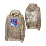 Front and back views of a New York Rangers hoodie featuring a brown and beige tree camouflage pattern. The front displays the official New York Rangers logo on the left chest, and the back features 'NEW YORK RANGERS HOCKEY' printed in white across the upper back.