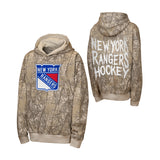 Front and back views of a New York Rangers hoodie featuring a brown and beige tree camouflage pattern. The front displays the official New York Rangers logo on the left chest, and the back features 'NEW YORK RANGERS HOCKEY' printed in white across the upper back.