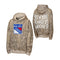 Front and back views of a New York Rangers hoodie featuring a brown and beige tree camouflage pattern. The front displays the official New York Rangers logo on the left chest, and the back features 'NEW YORK RANGERS HOCKEY' printed in white across the upper back.