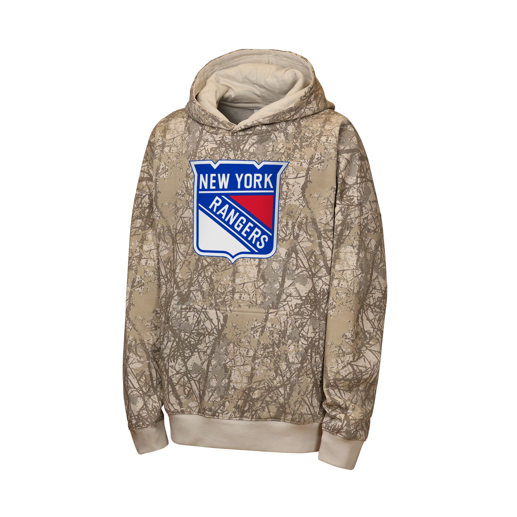 A camouflage-patterned pullover hoodie featuring the New York Rangers logo on the chest, displayed against a solid white background.