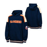 A navy blue pullover hoodie shown from both front and back views. The front features 'ISLANDERS' printed in orange across the chest with white side panels, and an NHL team logo on the left sleeve.