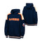 A navy blue pullover hoodie shown from both front and back views. The front features 'ISLANDERS' printed in orange across the chest with white side panels, and an NHL team logo on the left sleeve.