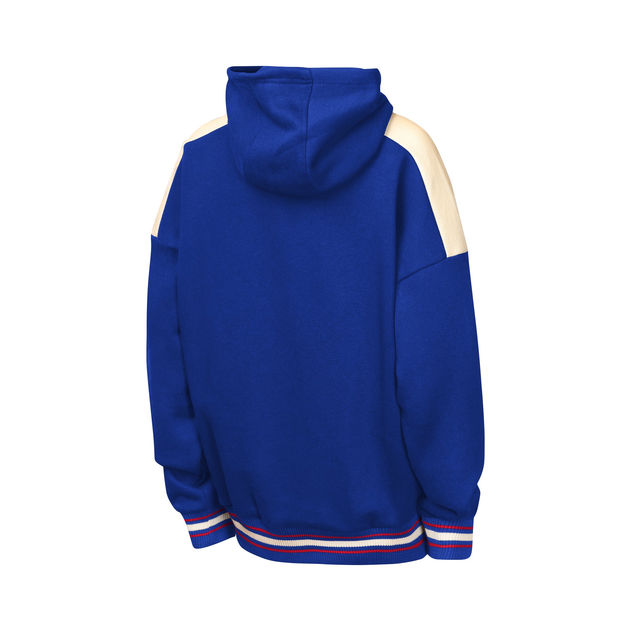 A royal blue hooded sweatshirt shown from the back, featuring cream-colored shoulder panels and striped ribbed cuffs and hem in blue, white, and red.