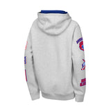 A light heather gray hoodie shown from the back, featuring red and blue graphics and text printed down both sleeves, with a blue hood lining visible at the top.