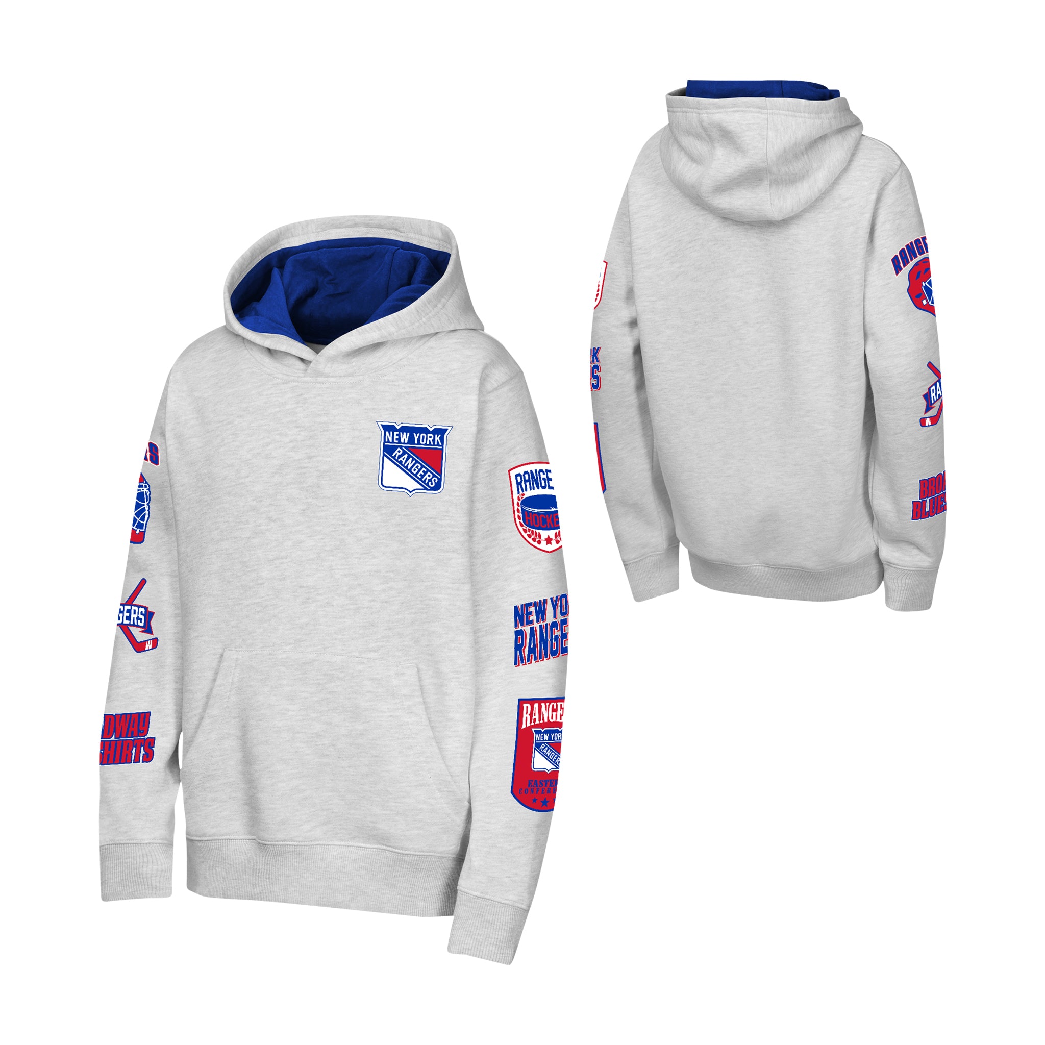 A light heather gray pullover hoodie shown from both front and back views, featuring a blue-lined hood, a New York Rangers NHL patch on the chest, and multiple sleeve patches with team branding.