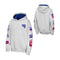 A light heather gray pullover hoodie shown from both front and back views, featuring a blue-lined hood, a New York Rangers NHL patch on the chest, and multiple sleeve patches with team branding.