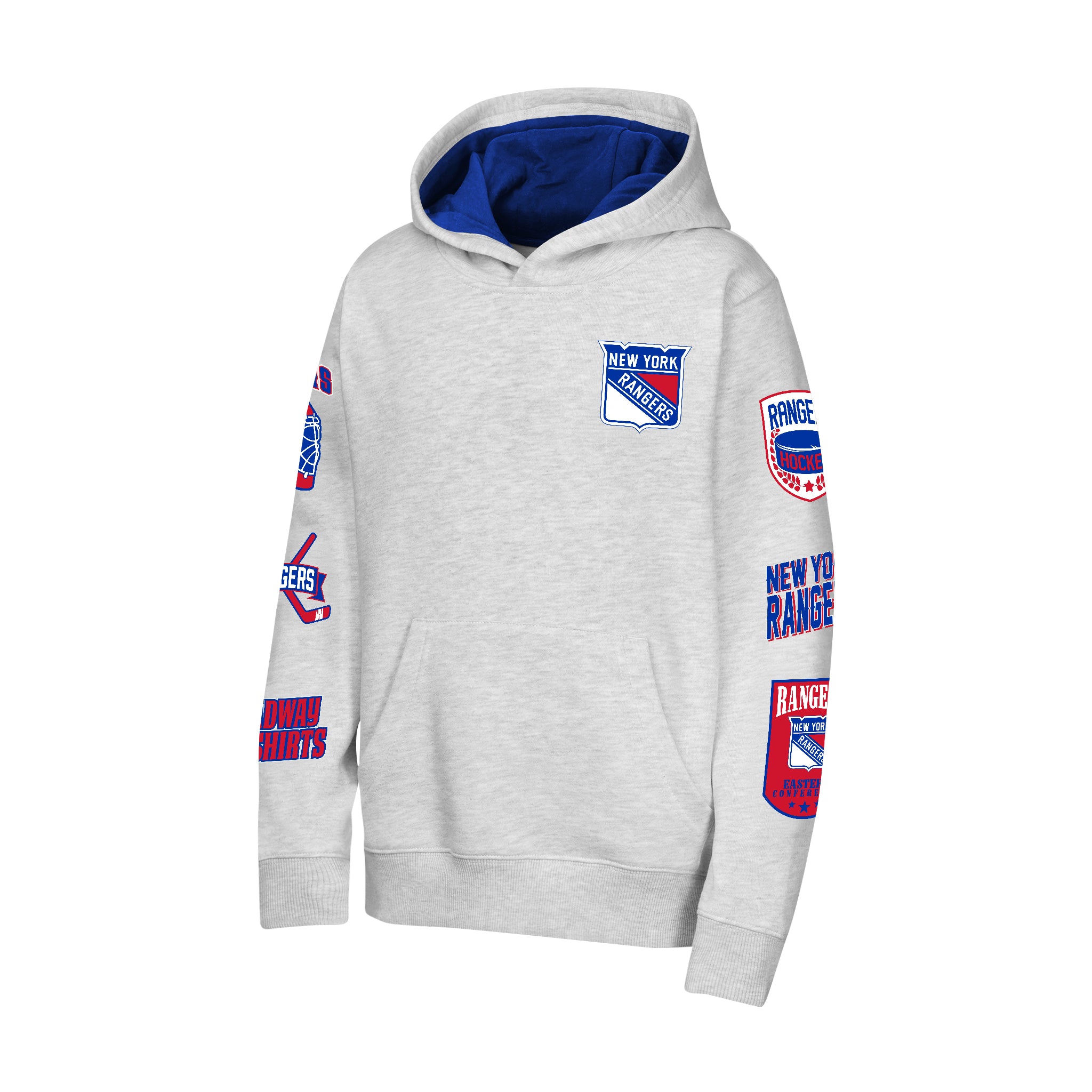 A light heather gray pullover hoodie with a blue-lined hood, featuring multiple New York Rangers NHL patches printed on the chest and both sleeves.