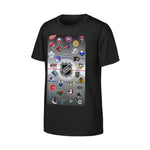 A black short-sleeve t-shirt featuring a large graphic print of the NHL shield logo in the center, surrounded by various NHL team logos arranged in a grid on a gray background.