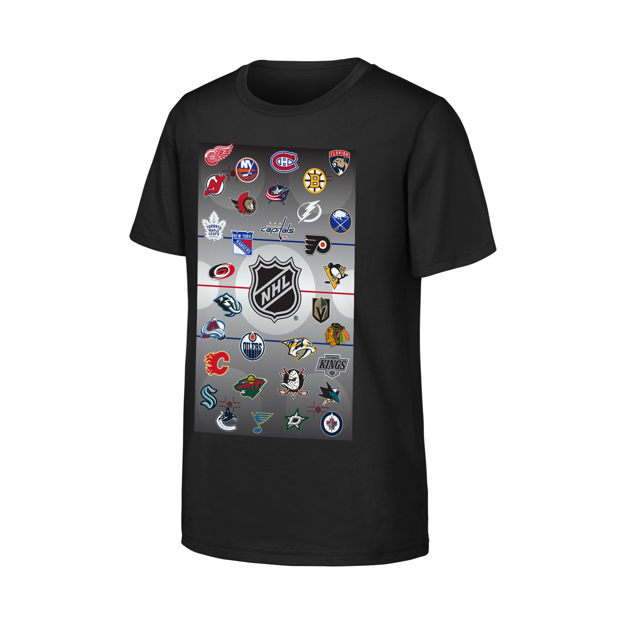 A black short-sleeve t-shirt featuring a large graphic print of the NHL shield logo in the center, surrounded by various NHL team logos arranged in a grid on a gray background.
