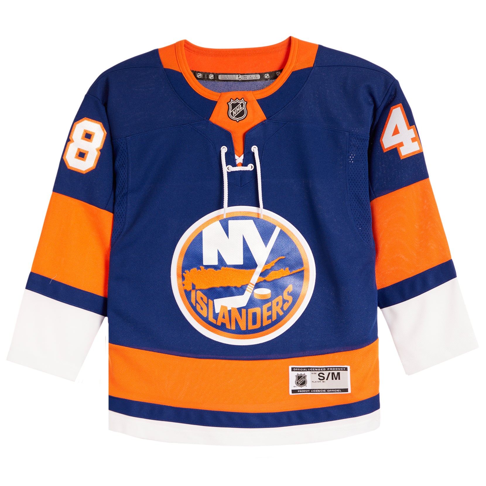 A New York Islanders hockey jersey in navy blue, orange, and white, featuring the team logo on the front, number 48 on the right sleeve, and number 48 on the left sleeve.