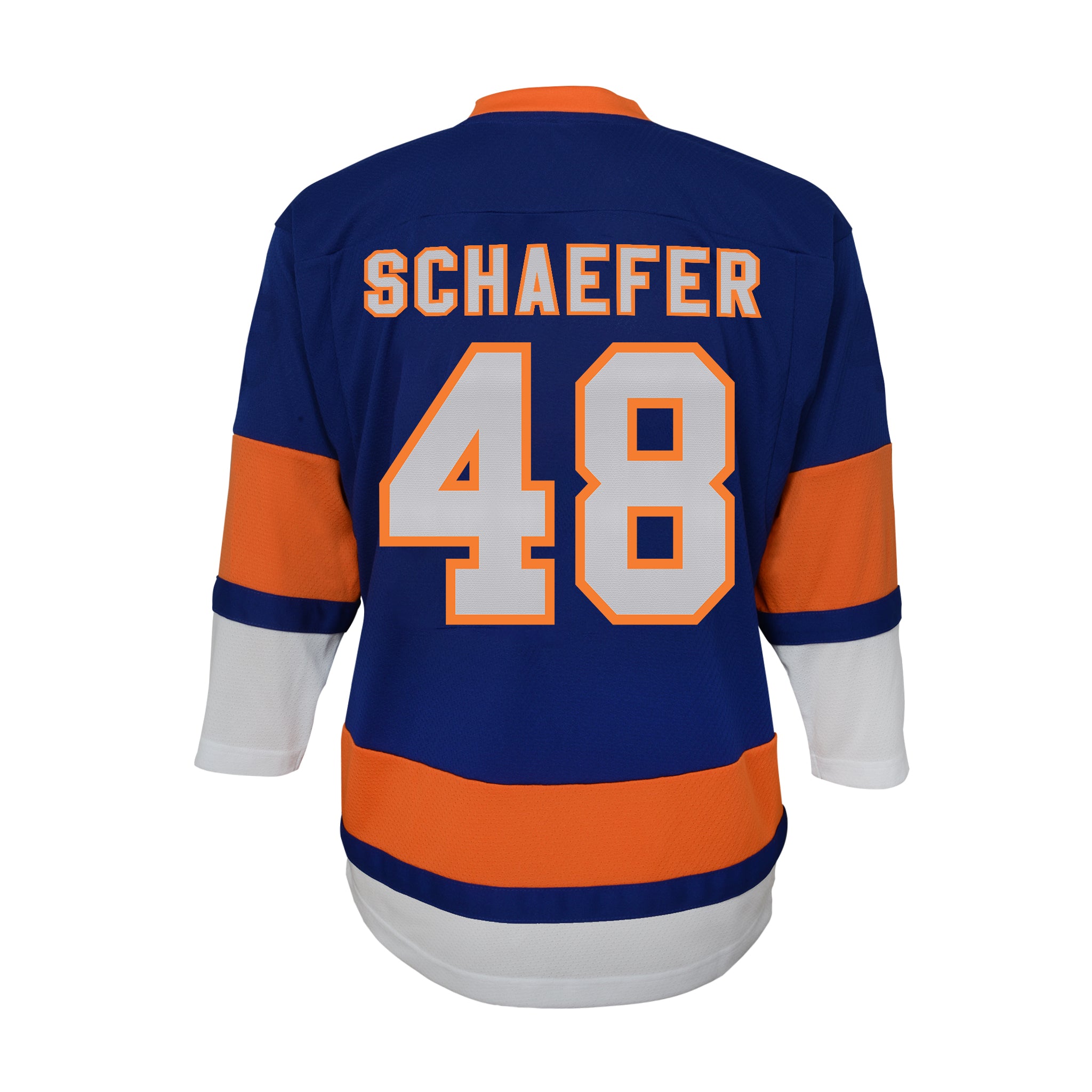 Back view of a hockey jersey with the name SCHAEFER and number 48 in white with orange outlines on a dark blue base, with orange and white sleeve and hem stripes, on a white background.