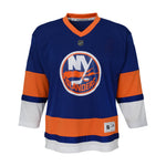 New York Islanders hockey jersey in royal blue with orange and white stripes, featuring the team logo on the chest and an NHL shield above it, shown on a plain white background.