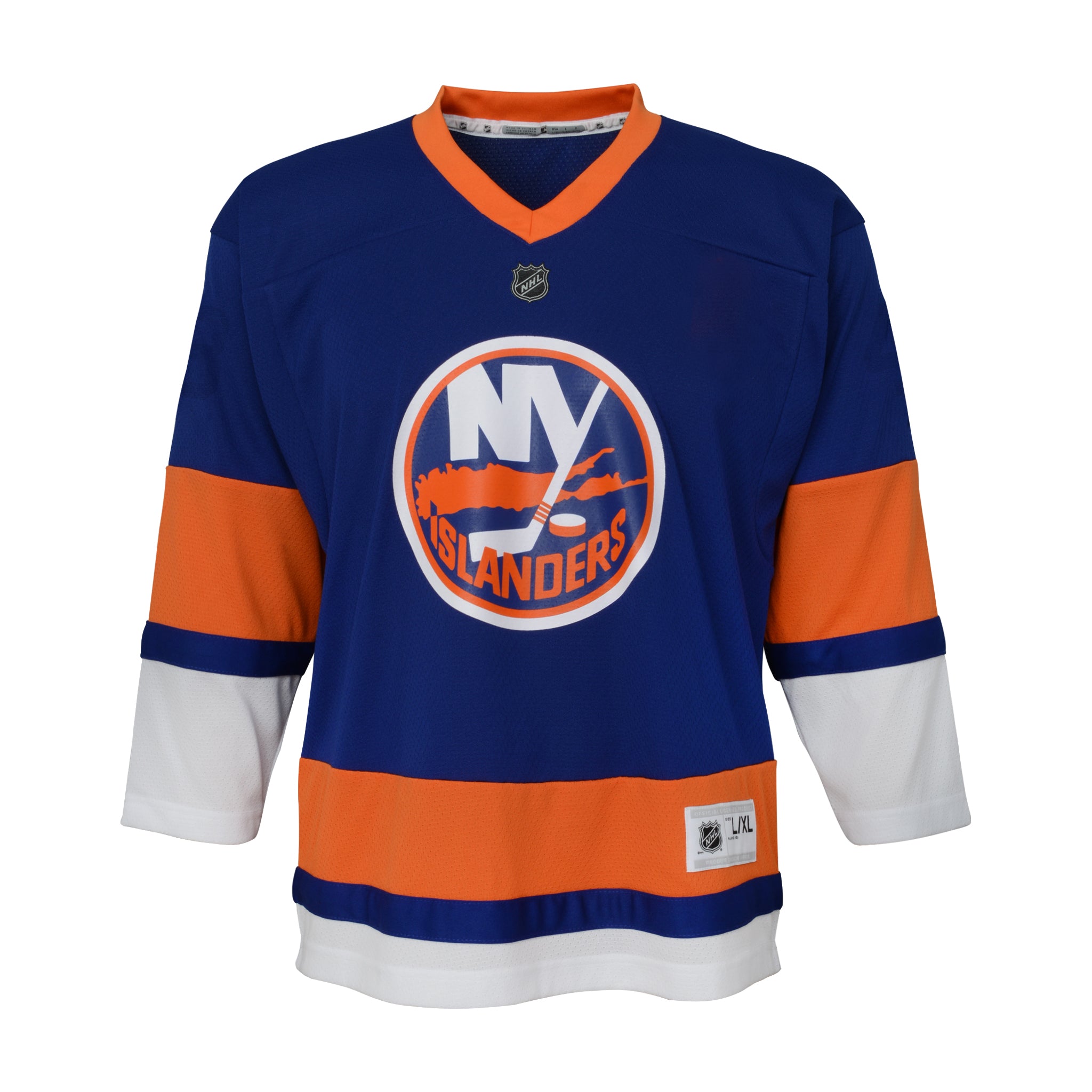 New York Islanders hockey jersey in royal blue with orange and white stripes, featuring the team logo on the chest and an NHL shield above it, shown on a plain white background.