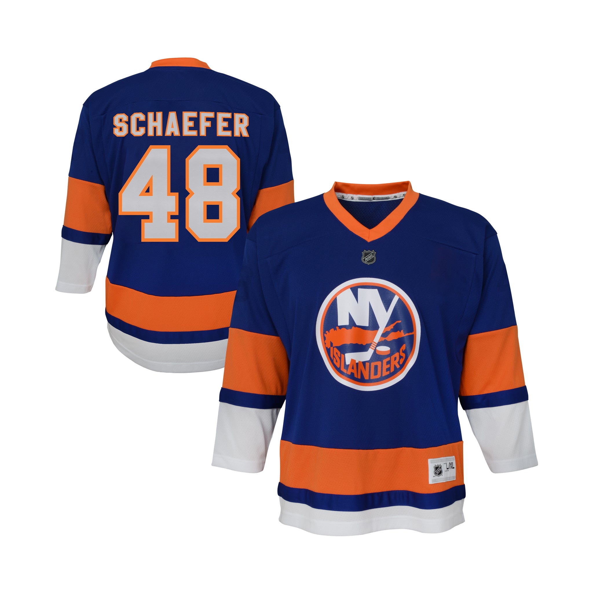 Front and back views of a blue, orange, and white New York Islanders hockey jersey featuring the name 'SCHAEFER' and number '48' on the back.