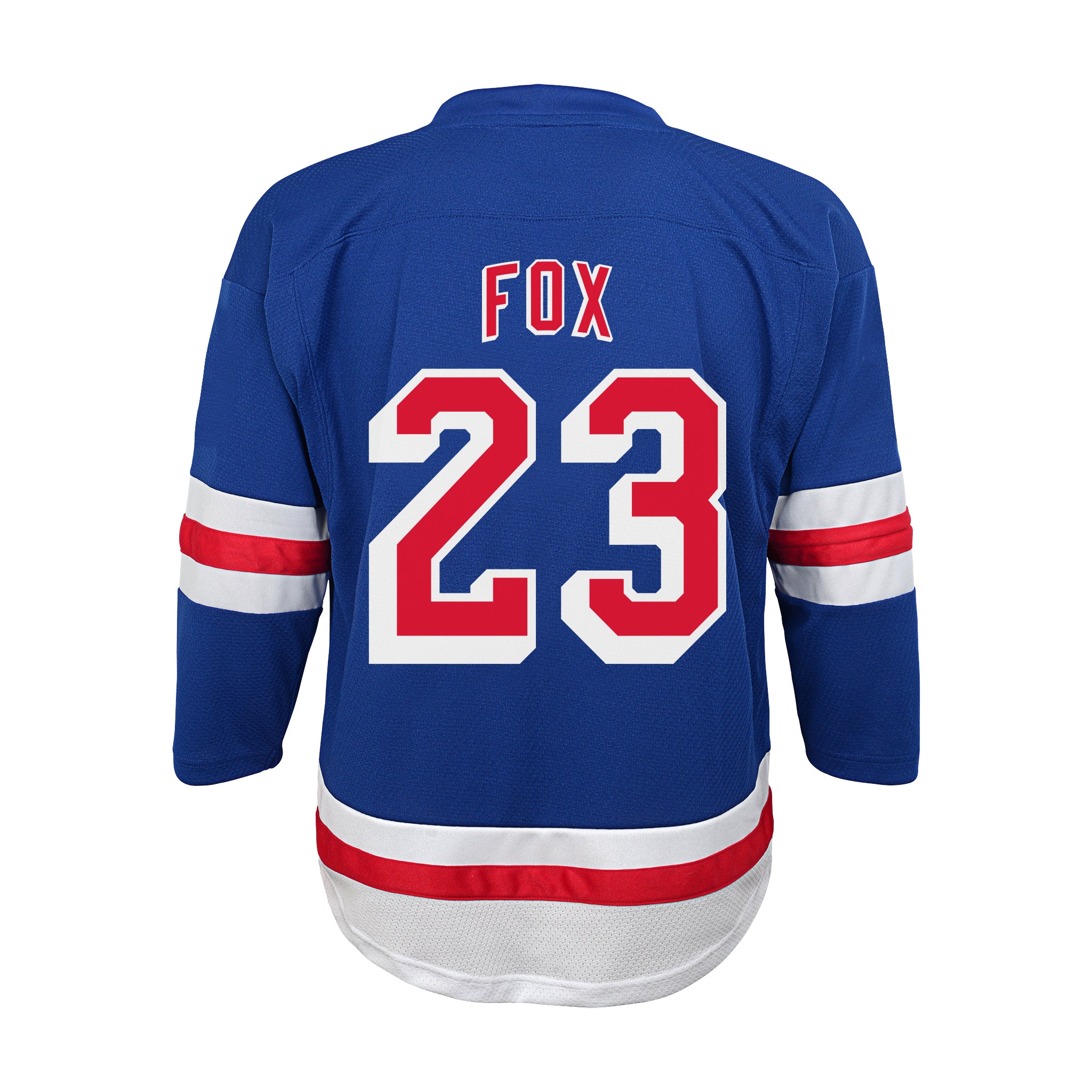 The back of a blue hockey jersey with 'FOX' and the number '23' in red and white, featuring red and white stripes on the sleeves and hem, shown on a plain white background.