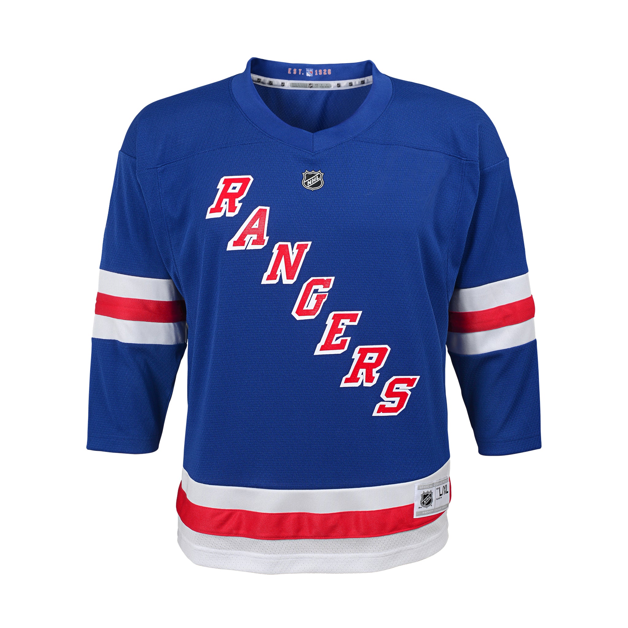 A blue New York Rangers hockey jersey with 'RANGERS' written diagonally in red and white on the front, featuring red and white stripes on the sleeves and hem.