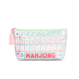 A mint green zippered pouch featuring a printed board of mahjong tiles with pink, blue, and white accents, and the word 'MAHJONG' in bold pink letters across the bottom. A pink tassel zipper pull is attached on the left side.
