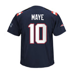 Back view of a navy blue New England Patriots jersey with 'MAYE' and the number '10' in white with red outlines, on a plain white background.