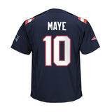 Back view of a navy blue New England Patriots jersey with 'MAYE' and the number '10' in white with red outlines, on a plain white background.