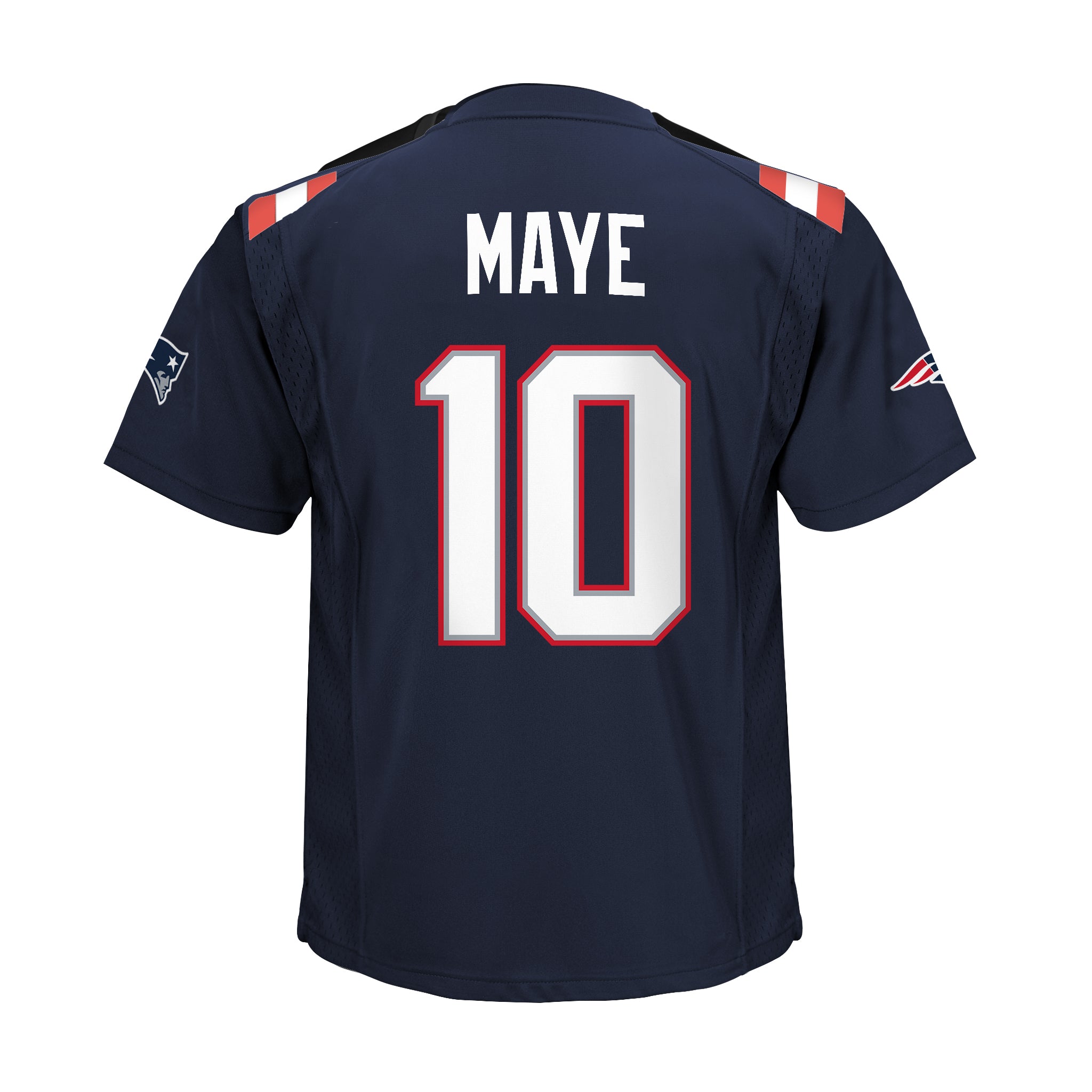 Back view of a navy blue New England Patriots jersey with 'MAYE' and the number '10' in white with red outlines, on a plain white background.