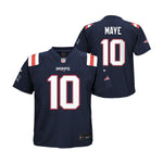 Front and back views of a navy blue New England Patriots football jersey featuring the name MAYE and number 10 on the back, with number 10 on the front. The jersey has white and red lettering and numbers, with white and red shoulder stripes.