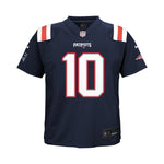 A navy blue New England Patriots football jersey with the number 10 in white outlined in red on the front, featuring the Patriots logo and NFL shield on the chest, and Nike swooshes on the shoulders and sleeve.