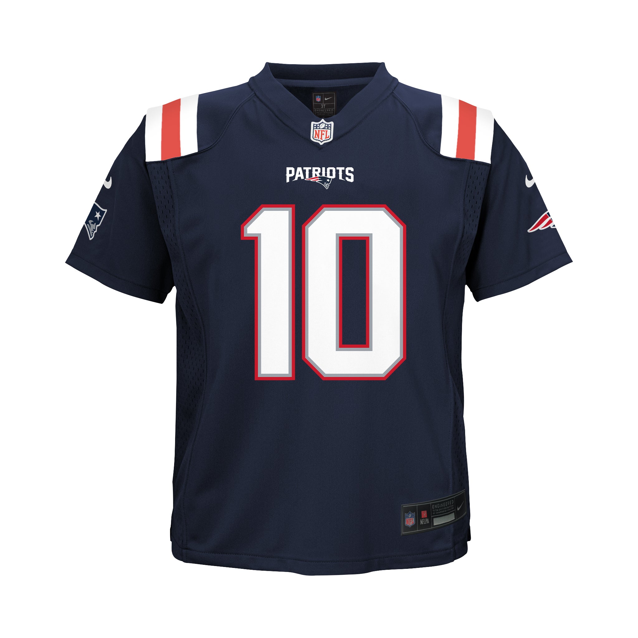 A navy blue New England Patriots football jersey with the number 10 in white outlined in red on the front, featuring the Patriots logo and NFL shield on the chest, and Nike swooshes on the shoulders and sleeve.