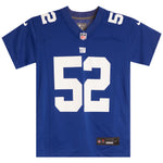 A royal blue New York Giants football jersey with the number 52 in white on the front, featuring Nike and NFL logos.