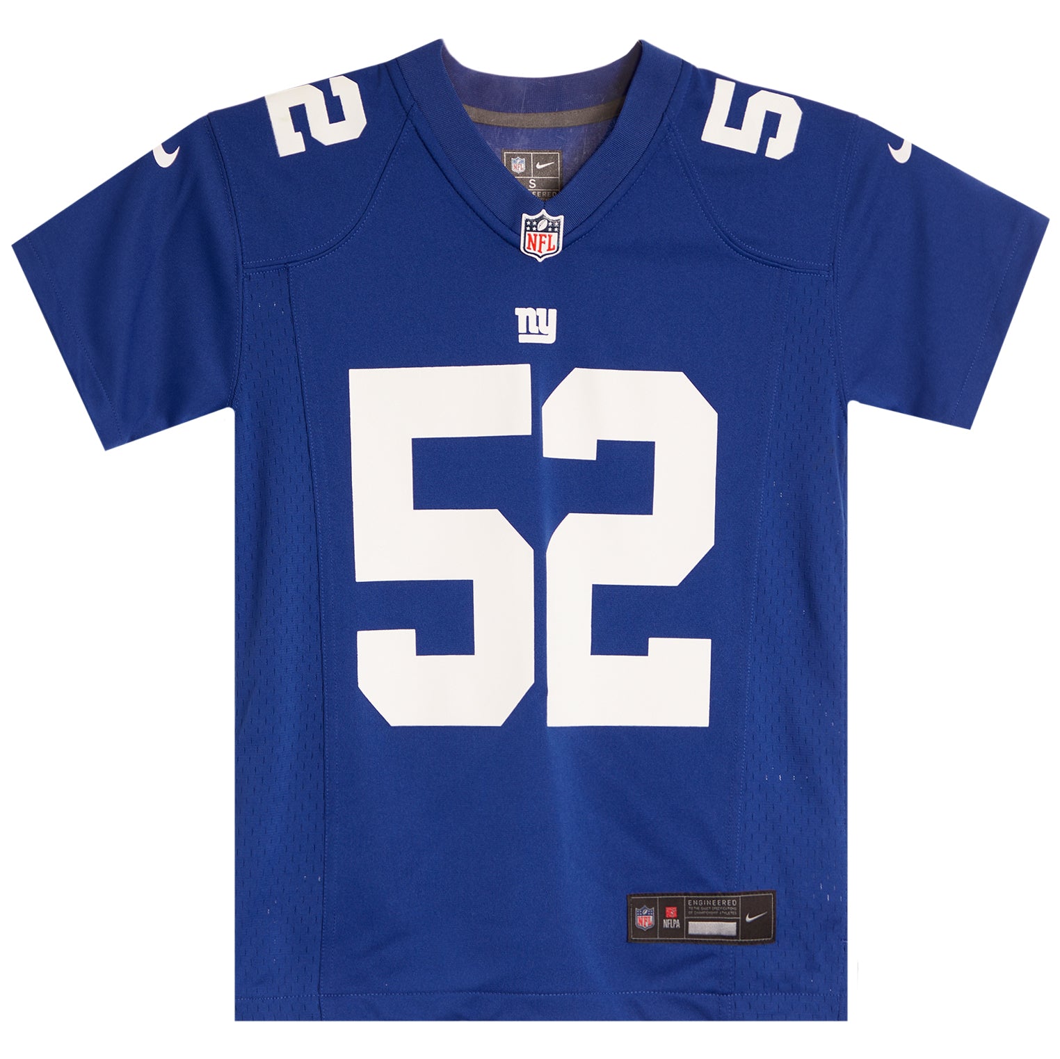 A royal blue New York Giants football jersey with the number 52 in white on the front, featuring Nike and NFL logos.