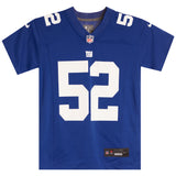 A royal blue New York Giants football jersey with the number 52 in white on the front, featuring Nike and NFL logos.