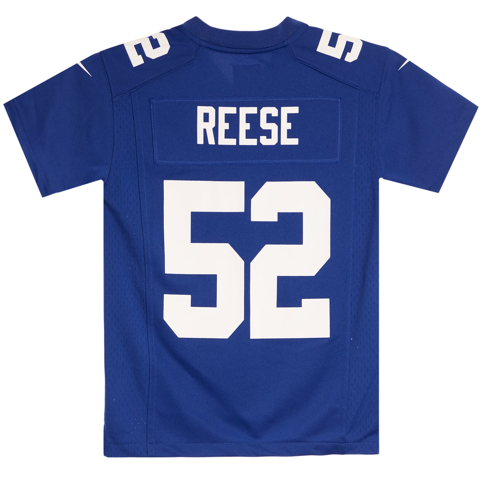A royal blue football jersey shown from the back, featuring the name 'REESE' and number '52' in bold white block letters. The jersey has short sleeves, a crew neck, and shoulder patches, displayed flat against a solid white background.