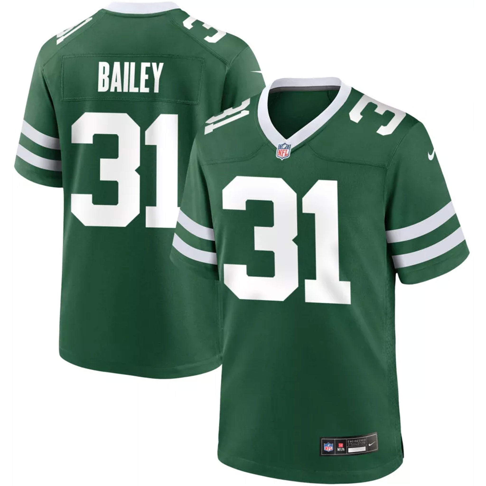 Green New York Jets football jersey shown from both front and back, featuring the name BAILEY and number 31 in white, with a Nike swoosh on the sleeve.