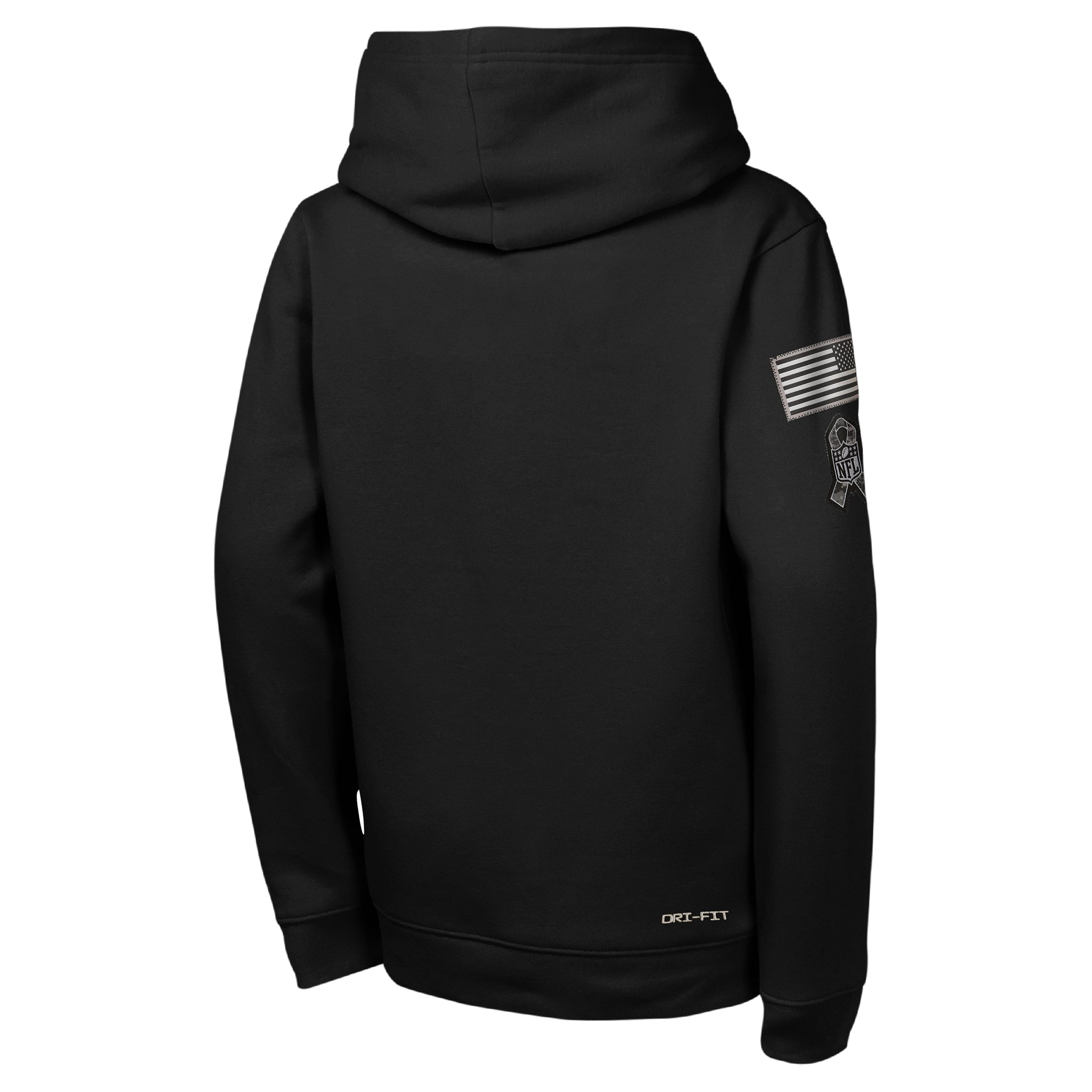 Black pullover hoodie shown from the back, a small sleeve graphic on the back left, and a small logo on the right sleeve.