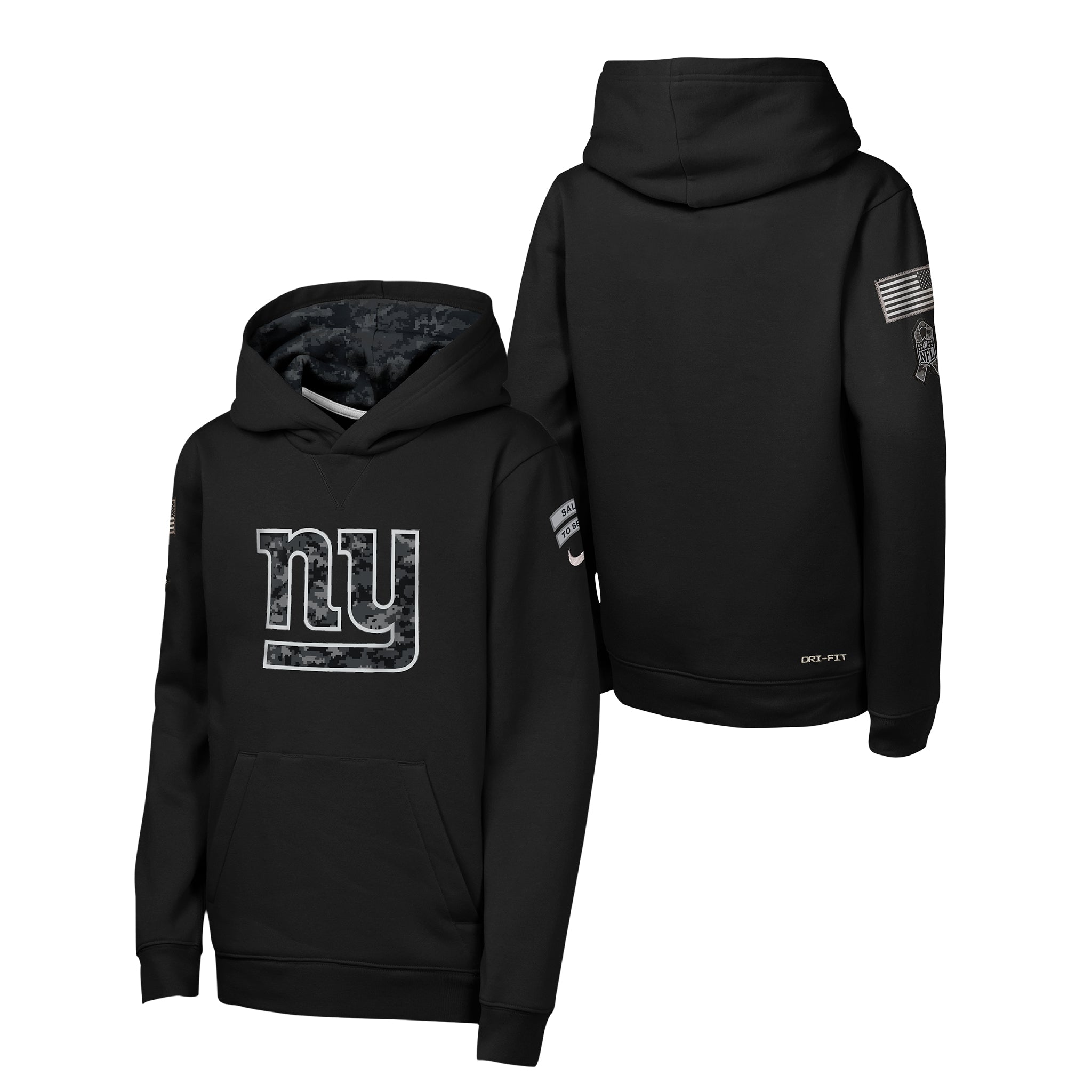 Black pullover hoodie shown from the front and back, featuring a large New York Giants logo on the front chest, a small sleeve graphic on the back left, and a small logo on the right sleeve.