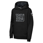 Black pullover hoodie shown from the front featuring a large New York Giants logo on the front chest, a small sleeve graphic on the back left, and a small logo on the right sleeve.